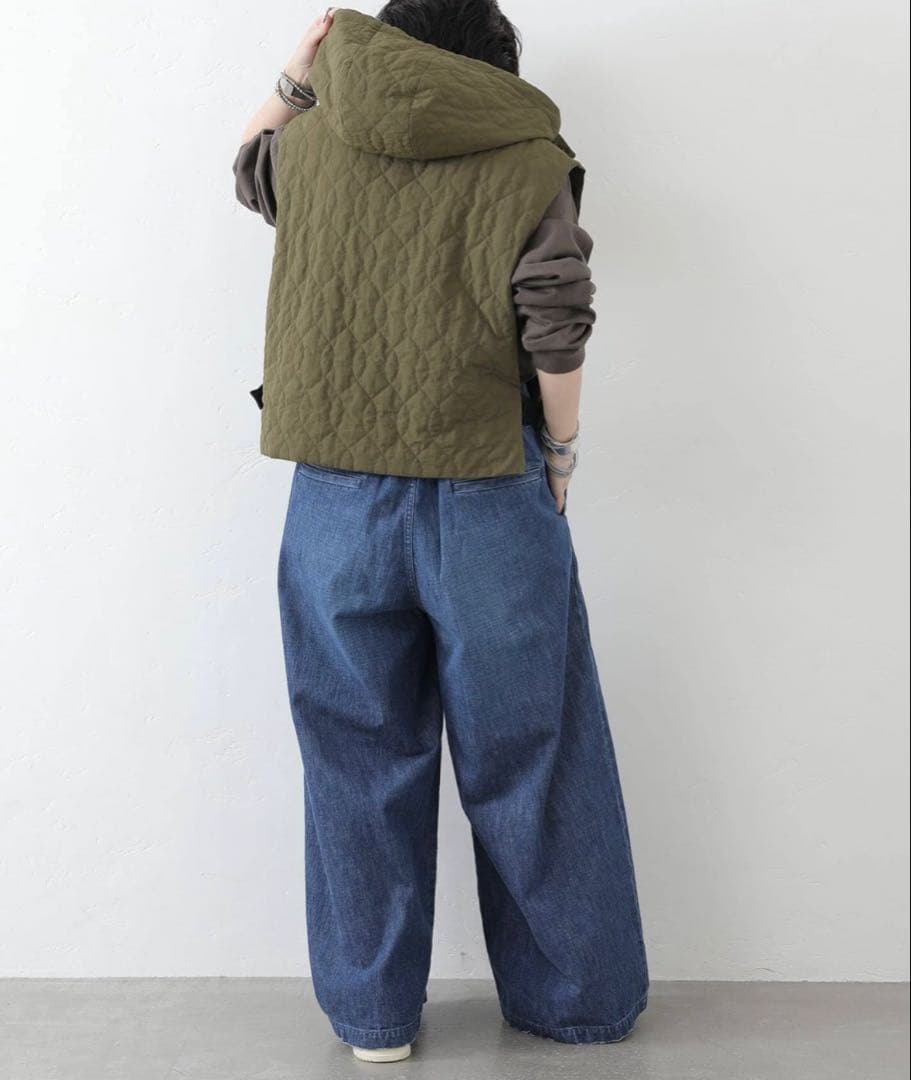 jsluxe ナイロン中綿キルトベスト カーキ色