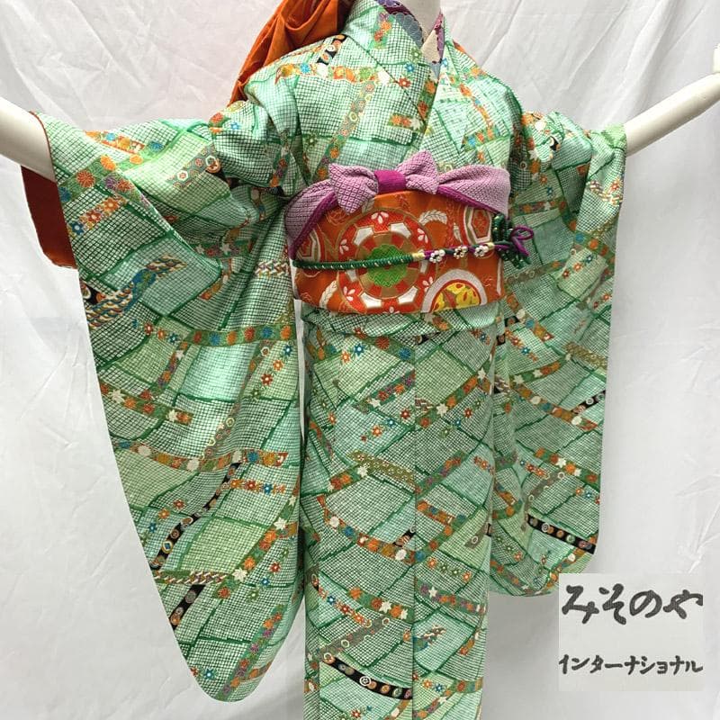 405aj55着物のみ■ハーフ成人式 十三参り 女児 着物総柄 鹿の子■