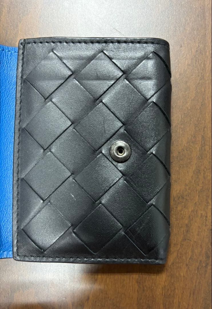 【ああ】Bottega Veneta 三つ折り財布　レザーブラック×ブルー