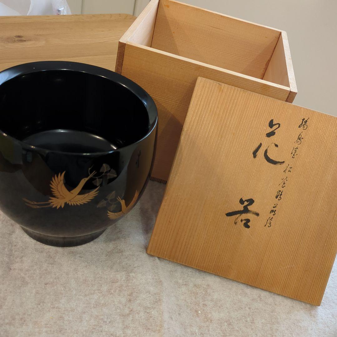 輪島塗 漆器 花器 鶴の絵柄 木製収納箱付き