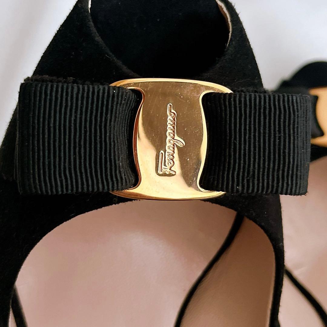 美品 箱 付属品付 フェラガモ ヴァラリボン オープントゥパンプス 23.5 黒