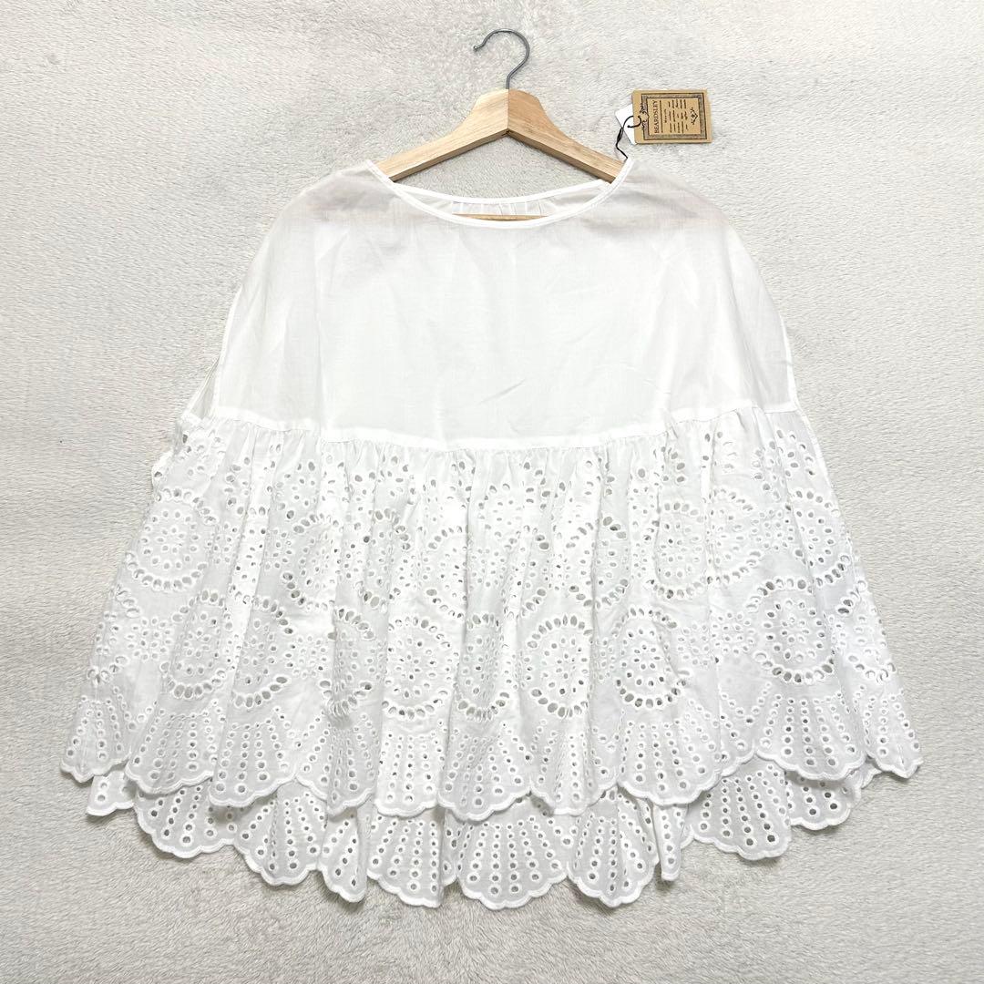 新品未使用 24SS BEARDSLEY レースポンチョブラウス 刺繍 白 F