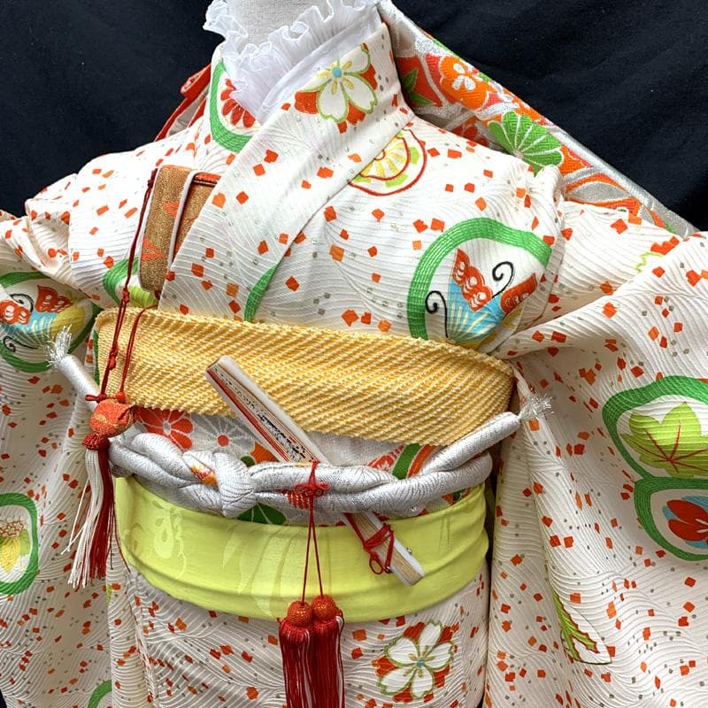 505ag51□七五三 七歳 女児 着物&袋帯 金彩 丸に蝶 白□美品