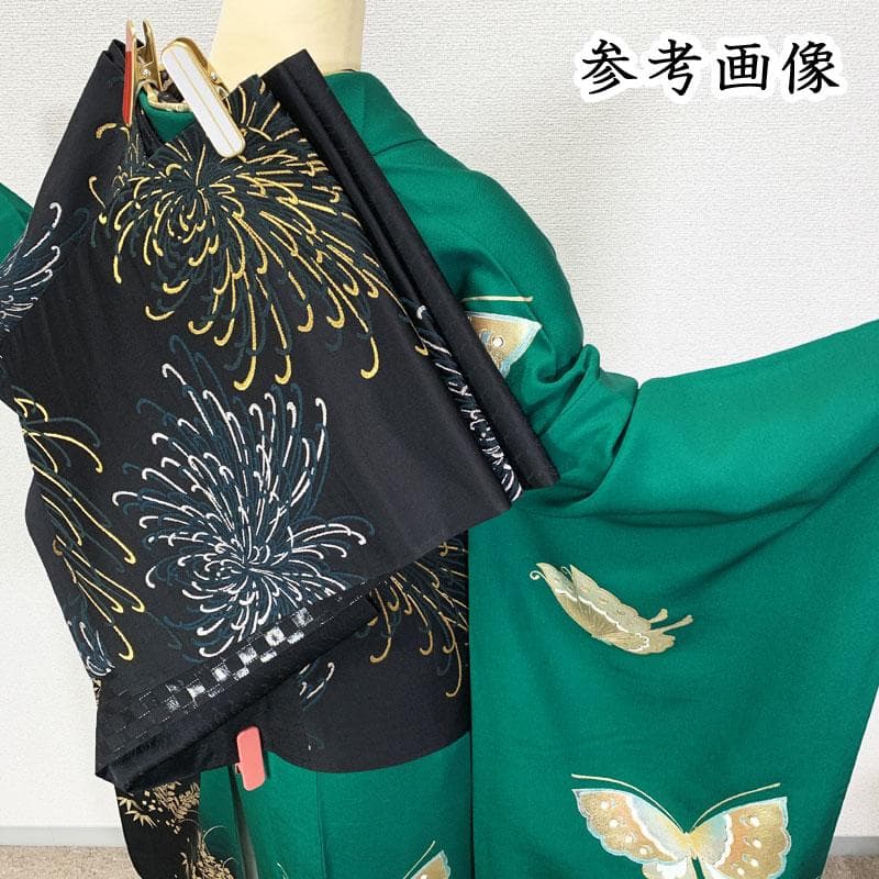 512z14☆振袖 古典柄 金銀彩 シンプル 蝶 緑×黒☆美品 成人式 結婚式