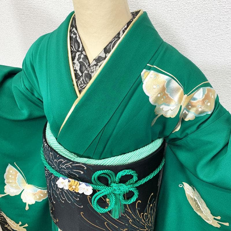 512z14☆振袖 古典柄 金銀彩 シンプル 蝶 緑×黒☆美品 成人式 結婚式