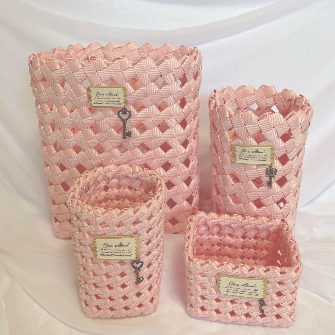 No.45 クラフトバンド ゴミ箱・小物入れ・かご・マスクケース 薄ピンクセット