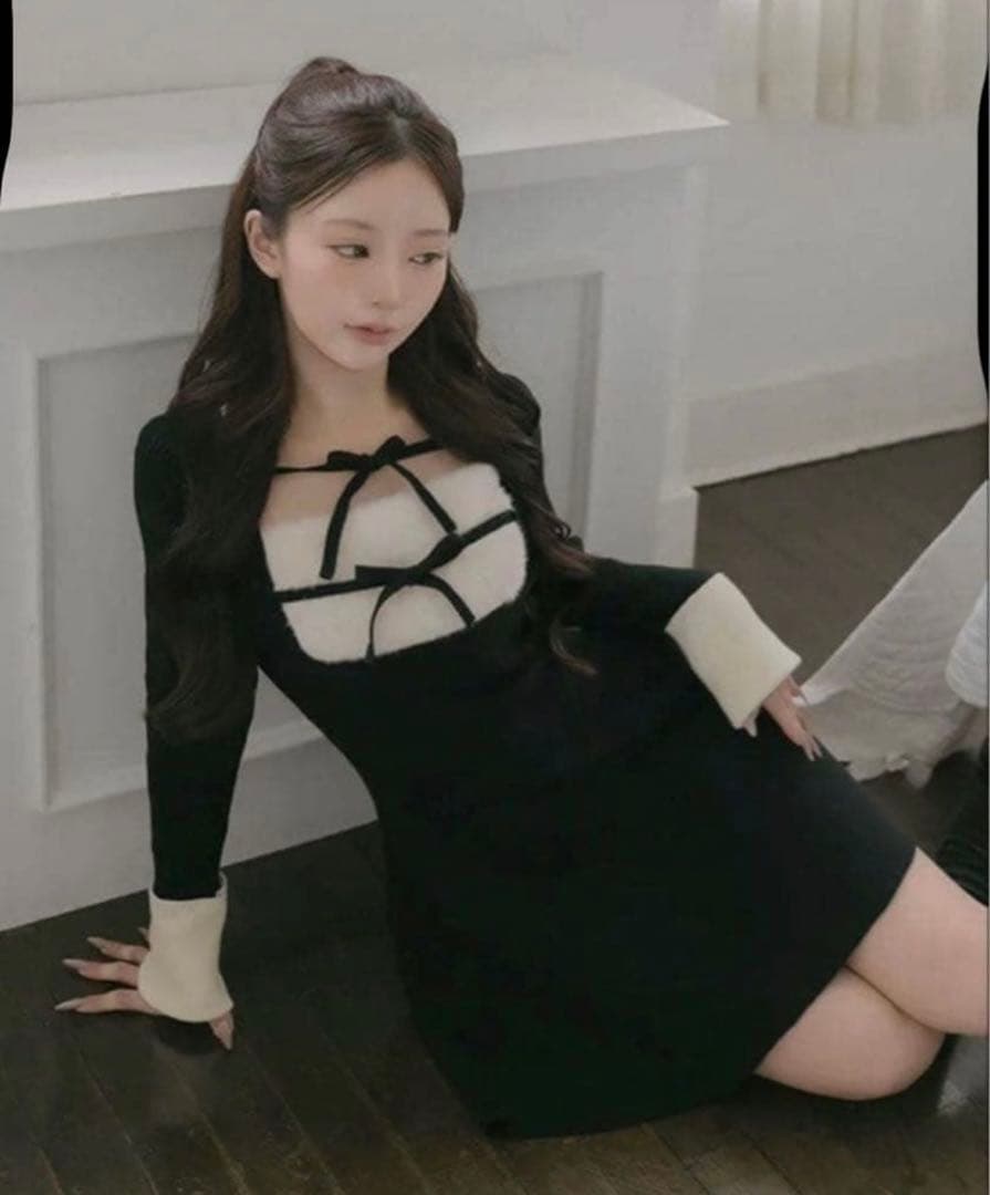 Darich リボンファーフレアニットミニワンピース　Free