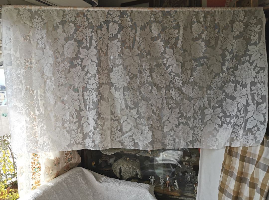 アンティークノッティンガムマドラスレース 向日葵 紫陽花ライラックカーテンパネル