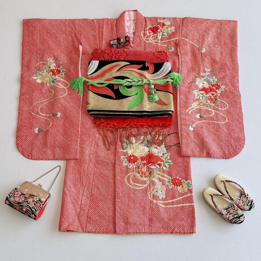 フルセット　七五三　7歳女の子　総しぼり　豪華刺繍　花　鼓　黒袋帯　葉　7067