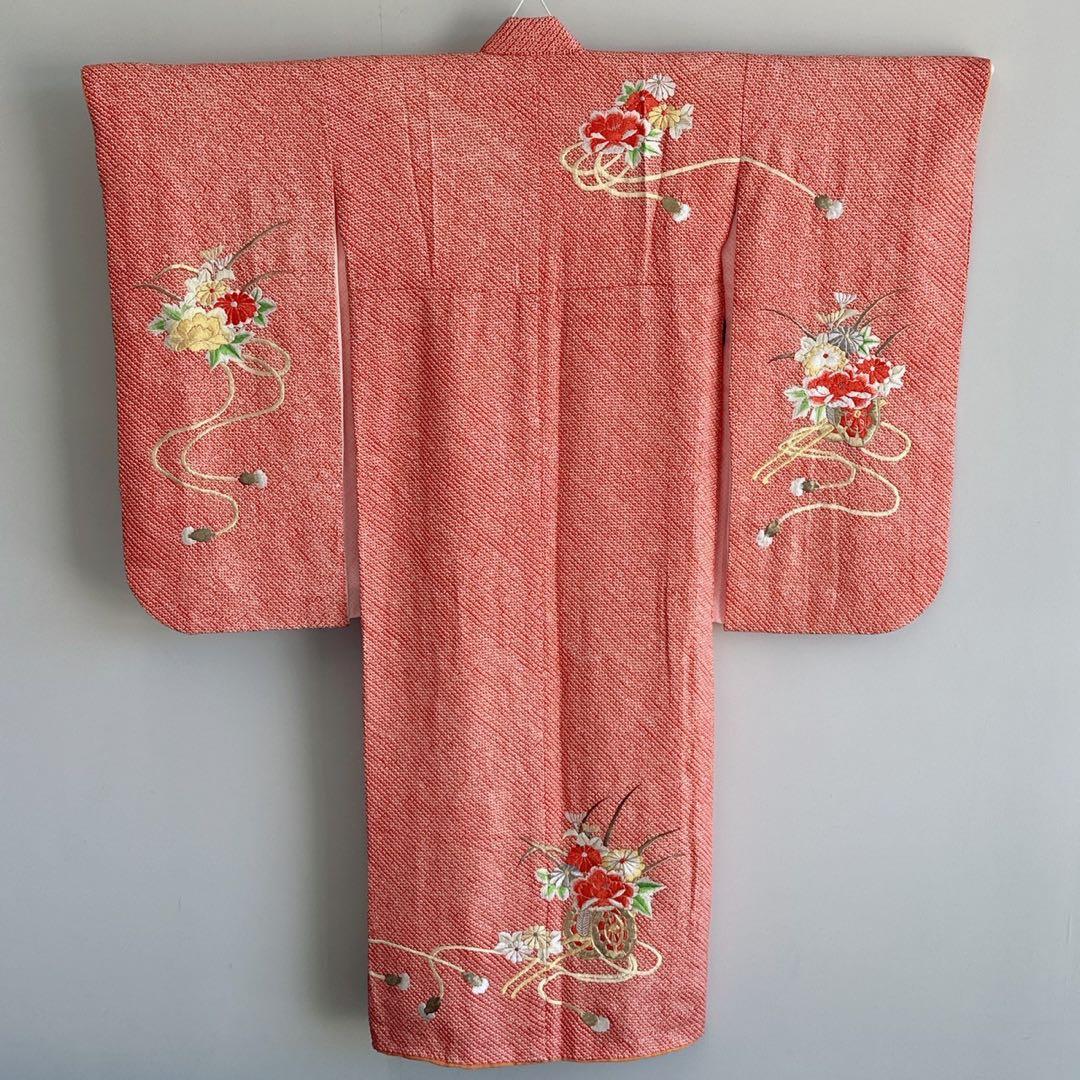 フルセット　七五三　7歳女の子　総しぼり　豪華刺繍　花　鼓　黒袋帯　葉　7067