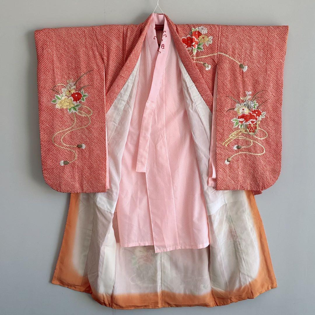 フルセット　七五三　7歳女の子　総しぼり　豪華刺繍　花　鼓　黒袋帯　葉　7067