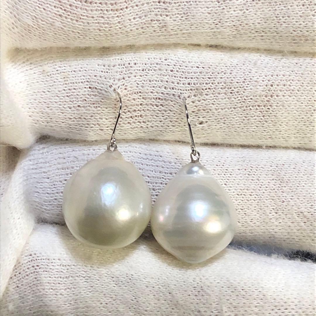 K14WG天然南洋白蝶真珠　大珠スイングピアス　　14.23/14.39mm