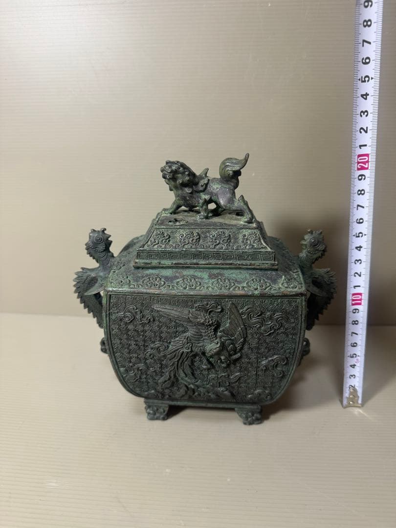 2136  高岡銅器 米田秀保造 獅子摘 龍鳳凰紋 四つ足 香炉