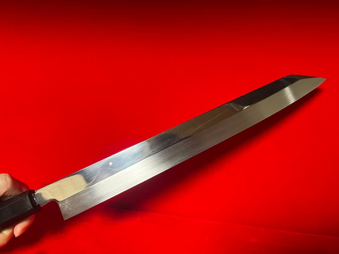 No.01372 包丁　切付　本焼　白鋼　富士山満月　堺打　中子刻印有り　箱付