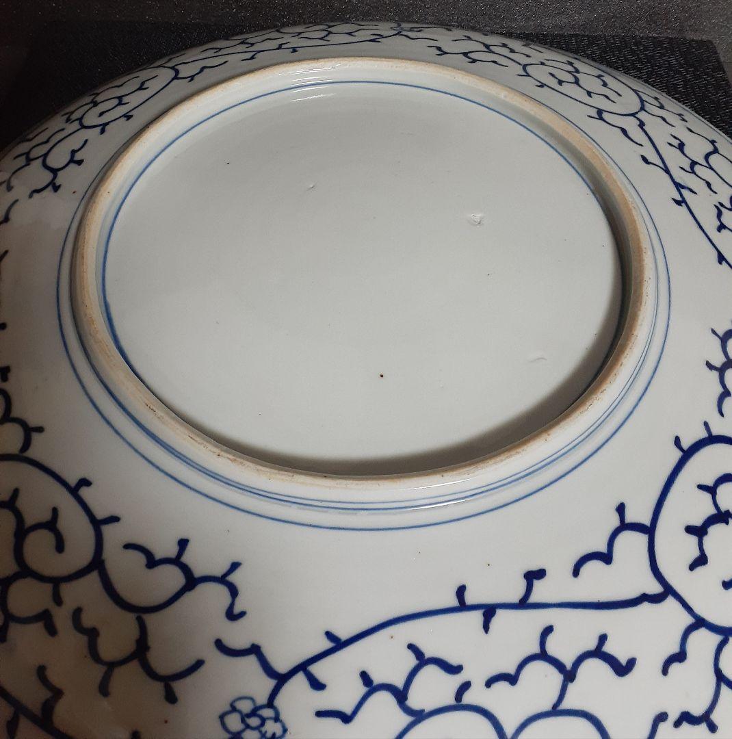 江戸時代後期　古伊万里　染付　窓絵に松竹梅　唐草文様　裏　たこ唐草文様　特大大皿