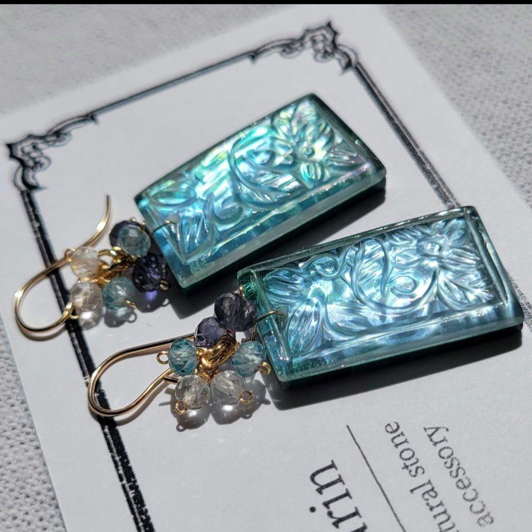 フローライト 桜カービング フープピアス