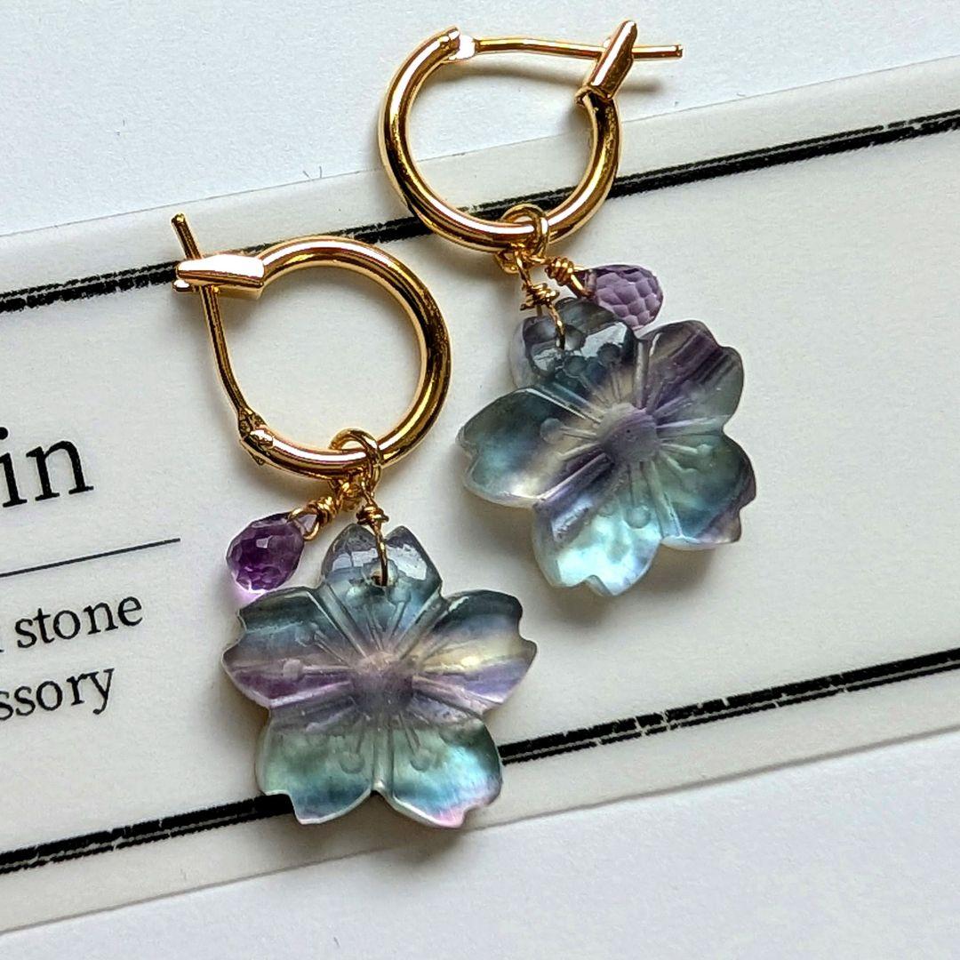 フローライト 桜カービング フープピアス