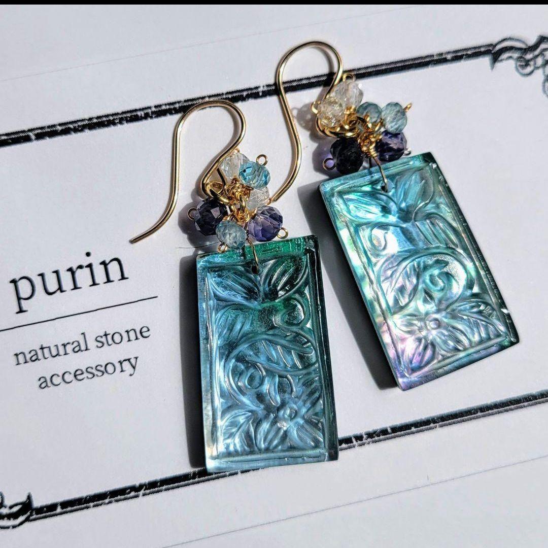 フローライト 桜カービング フープピアス