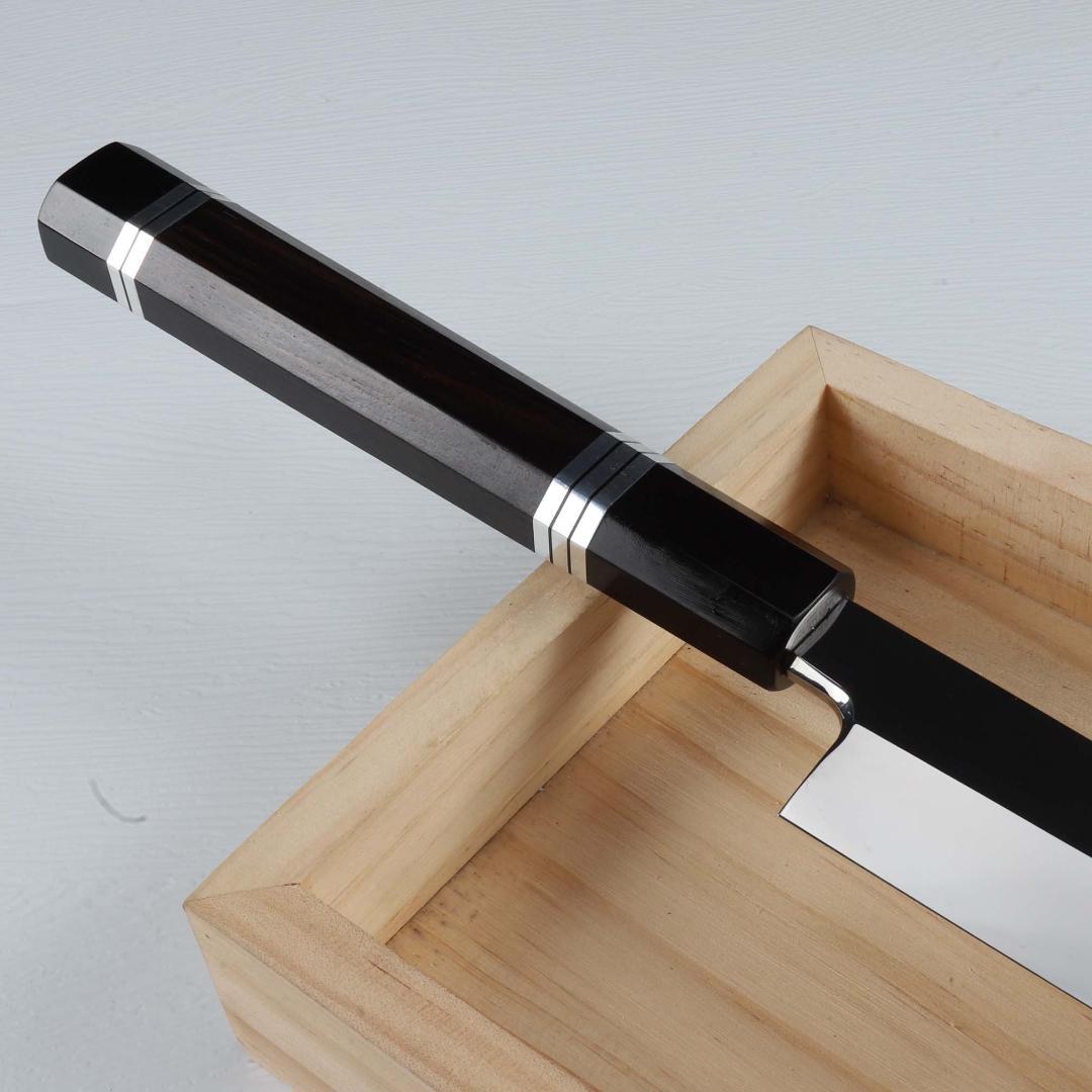 7284柳刃包丁 尺一 ウルトラ鏡面仕上げ 刺身包丁 黒檀黒水牛角五本銀巻八角柄