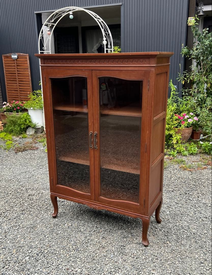 アンティーク 木製 キャビネット 飾り棚 ディスプレイ ガラス扉 猫脚