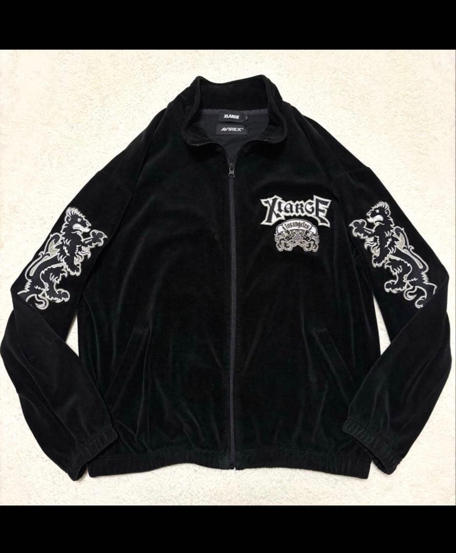 希少 AVIREX × X-LARGE ベロア 刺繍 ブルゾン Lブラック