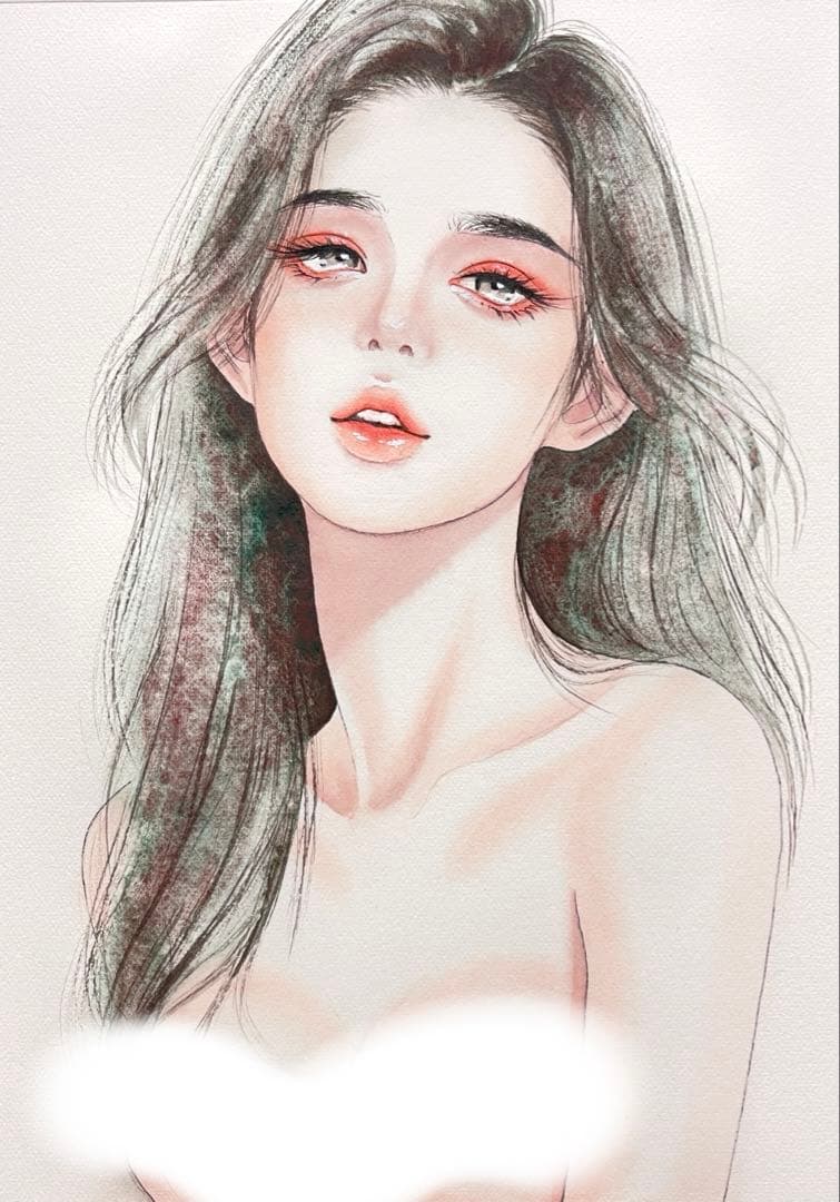 手描きイラスト　水彩原画　ロングヘアの女の子314