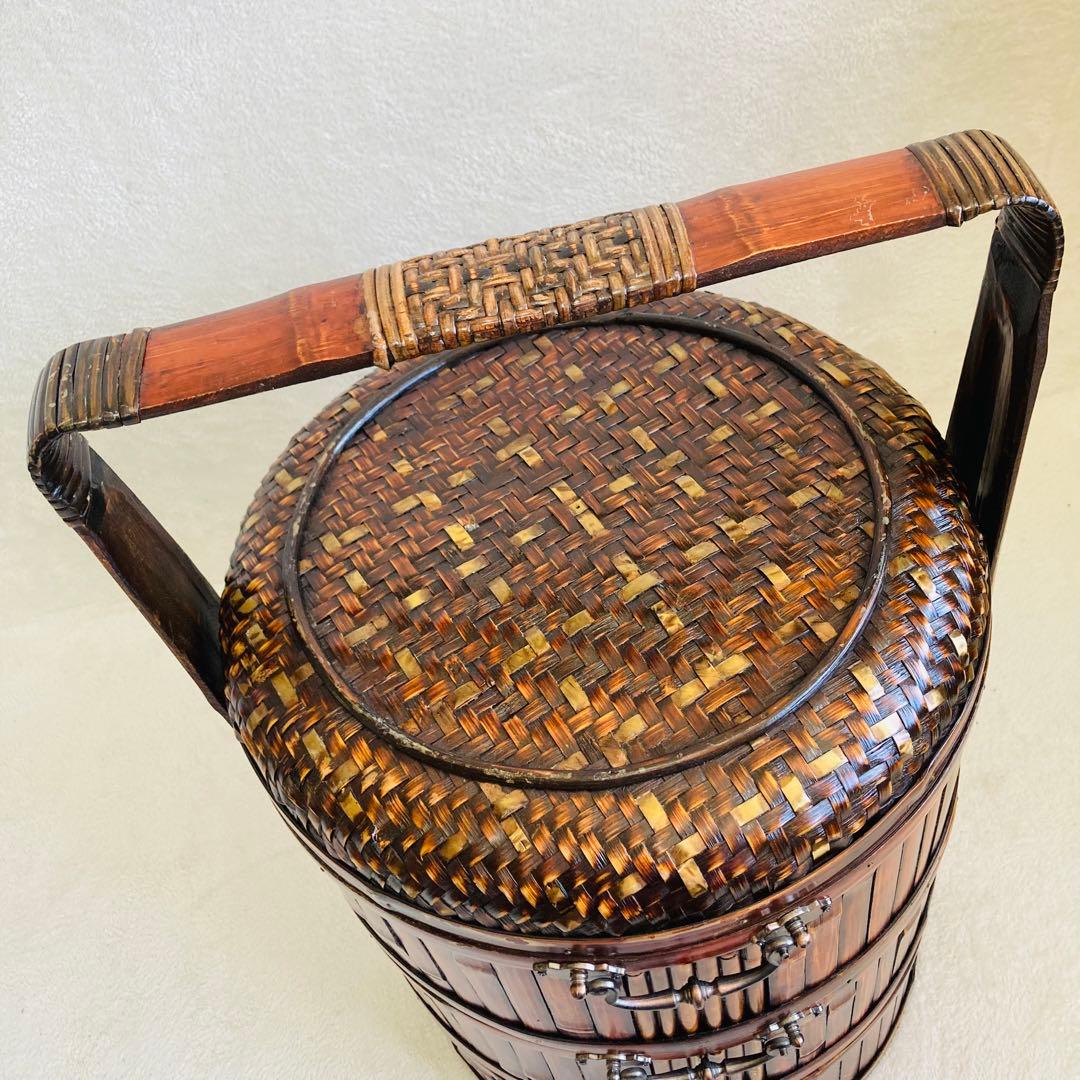 竹編み籠☆特大★茶籠☆煎茶 飾り 堤藍 三段籠 中国 農具　 　自然竹バスケット