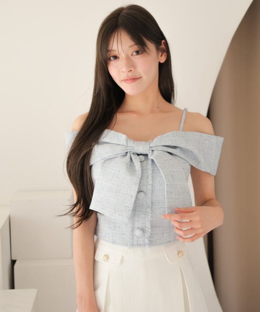 ツイードリボンオフショルトップス ブルー