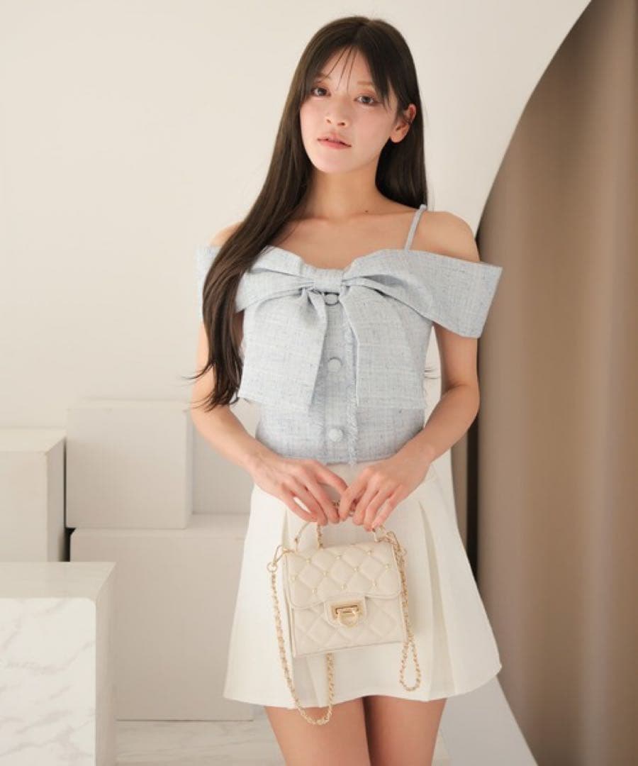 ツイードリボンオフショルトップス ブルー