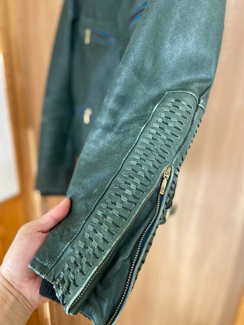 アバハウス　ダークグリーン レザー シングルライダースジャケット　Y2K