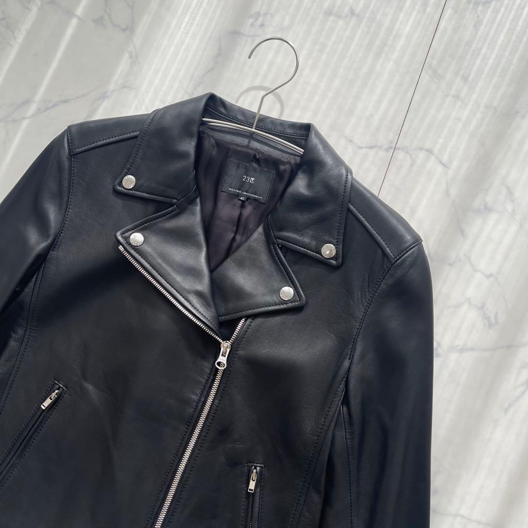 【未使用級】23区 ライダース レザー ラムレザー 黒 ブラック40 Lサイズ