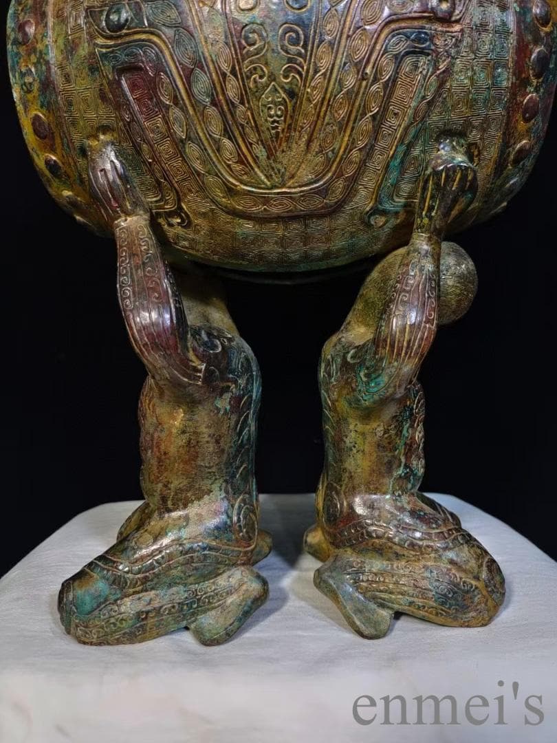 中国古美術 漢代 青銅器 跪人双鳥鼓 古代楽器 打楽器 禮楽器 青銅美術 骨董品