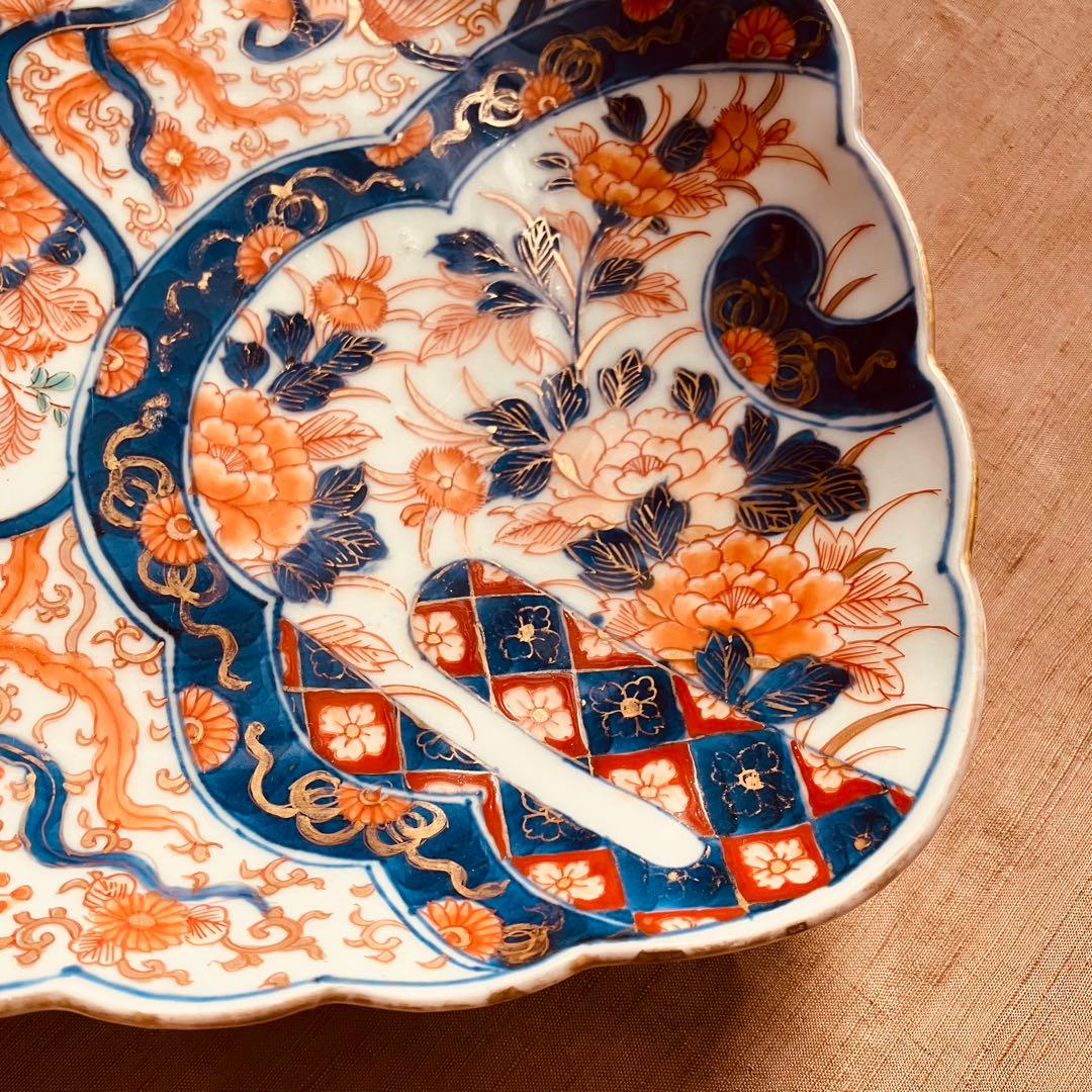 オールド香蘭社　色絵鮑型草花鳳凰図皿　明治　手書き　① アンティーク　古伊万里