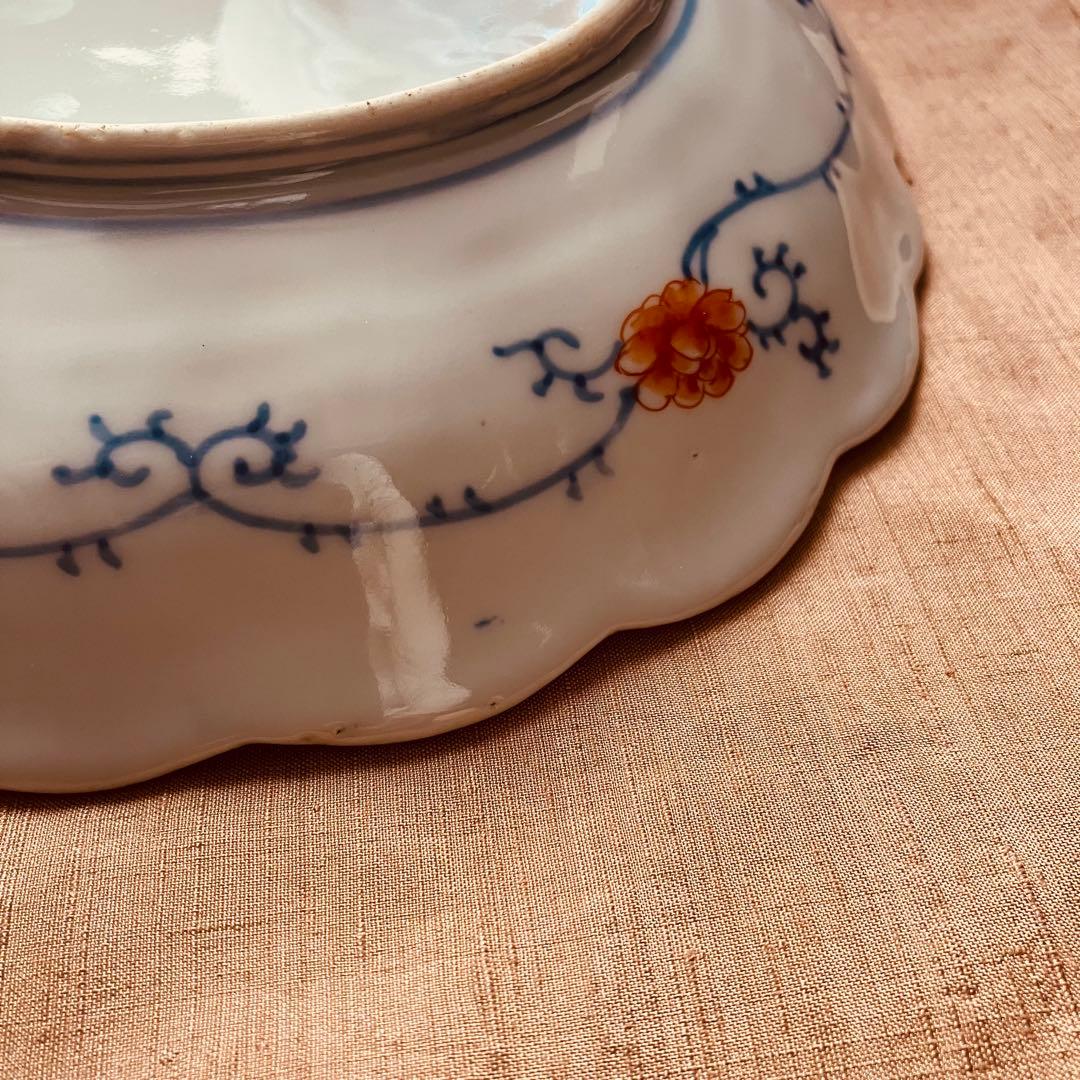 オールド香蘭社　色絵鮑型草花鳳凰図皿　明治　手書き　① アンティーク　古伊万里