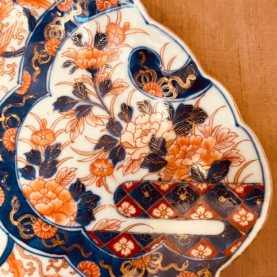 オールド香蘭社　色絵鮑型草花鳳凰図皿　明治　手書き　① アンティーク　古伊万里