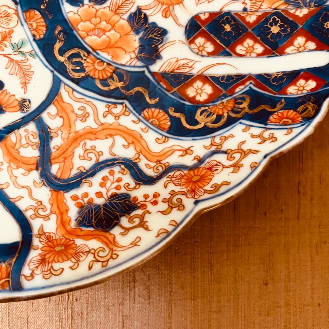 オールド香蘭社　色絵鮑型草花鳳凰図皿　明治　手書き　① アンティーク　古伊万里