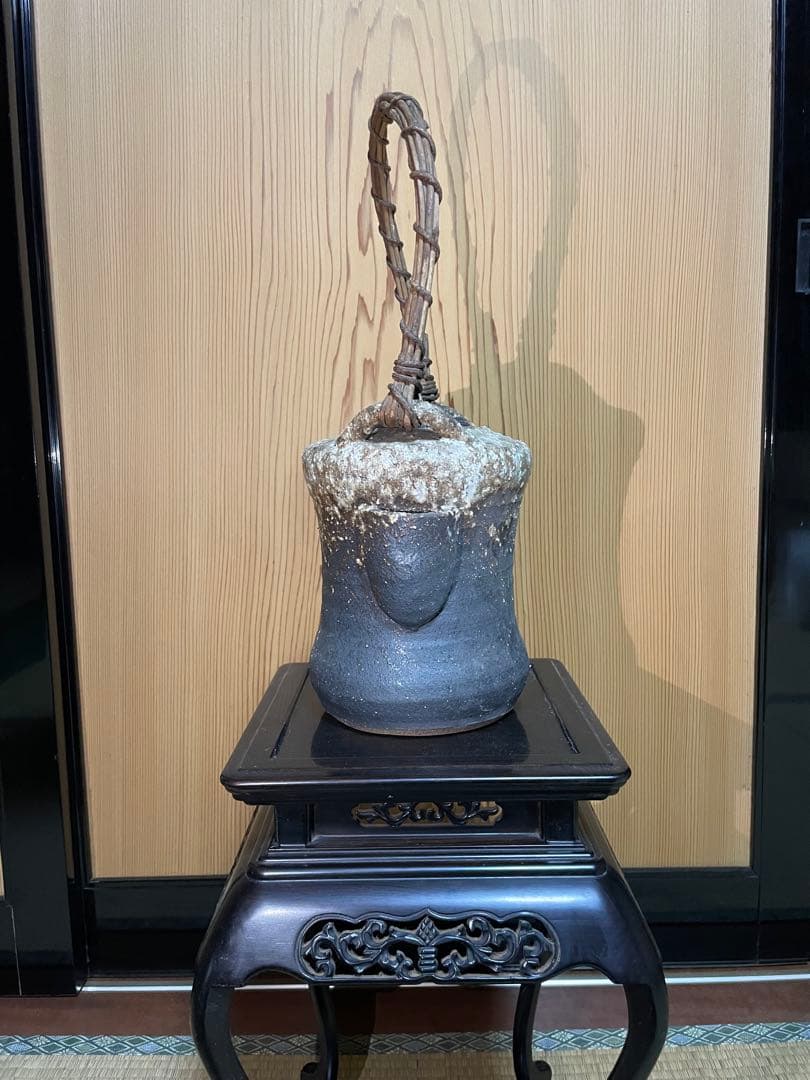 古道具 陶器製 吊り下げ灯り / 花器 オブジェ 民藝 焼き物 籐持ち手