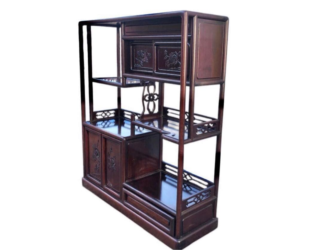 唐木　透かし彫り　飾り棚/茶箪笥　和家具　紫檀　花梨　収納棚　時代箪笥