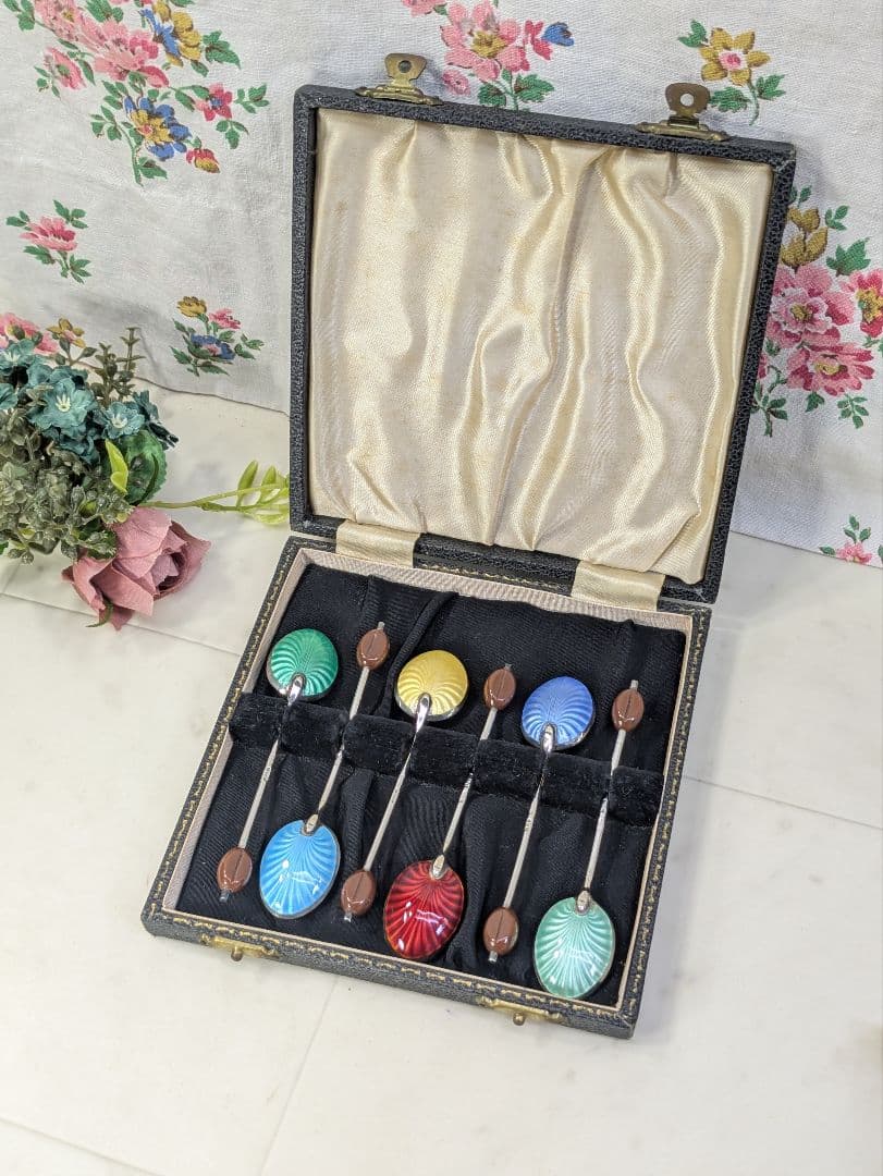 英国 アンティーク 1949年 スターリングシルバー スプーン 6本 エナメル