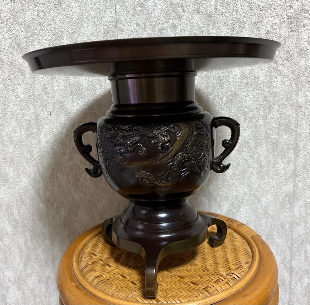 薄端 唐銅 龍 虎 模様　三脚   伝統工芸縁起物