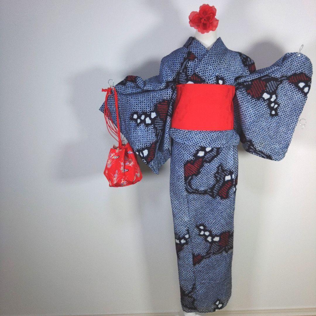 有松鳴海絞り　レトロ　浴衣　セット　140cm　女の子　作り帯　赤　髪飾り　巾着