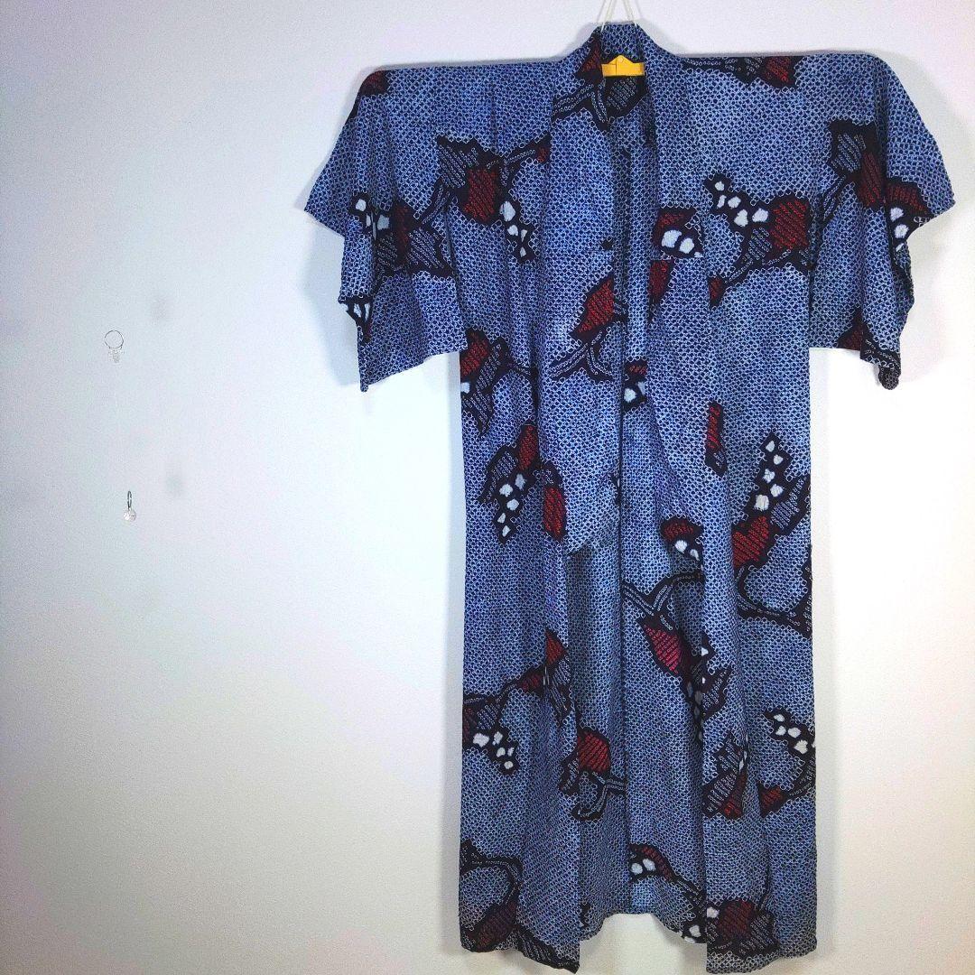 有松鳴海絞り　レトロ　浴衣　セット　140cm　女の子　作り帯　赤　髪飾り　巾着