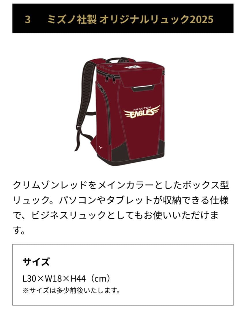 楽天イーグルス　ファンクラブ会員限定　バックパック 2025年版　未使用品