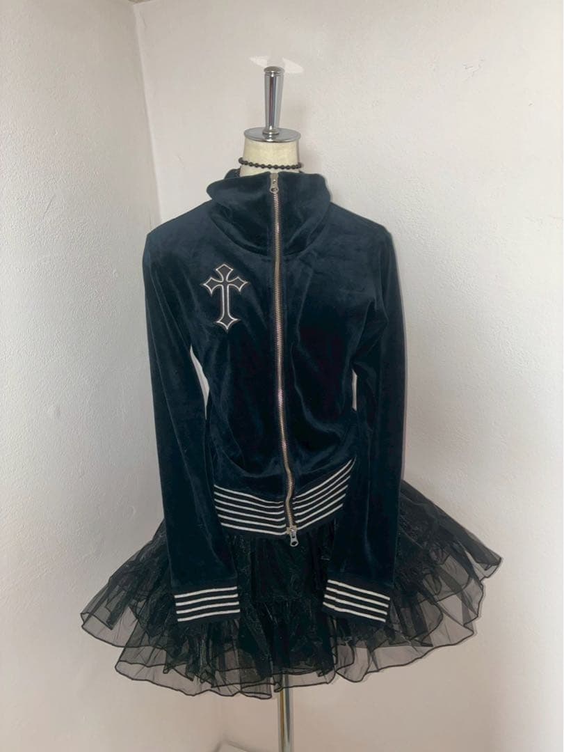 y2k ダークコア十字架銀刺繍　ベロアWジップゴシック平成　マクブリンククロス