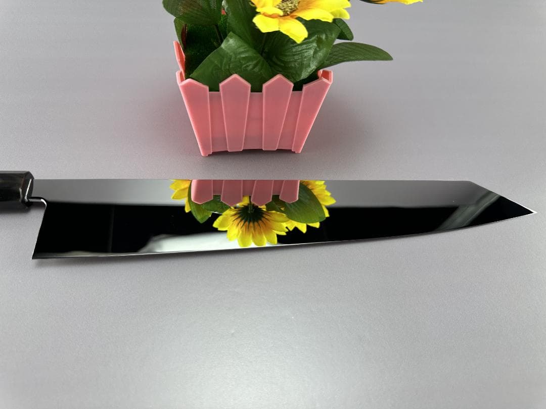 5632 完全ウルトラ鏡面 尺一 切付牛刀 スネークウッド黒水牛角二本銀巻八角柄