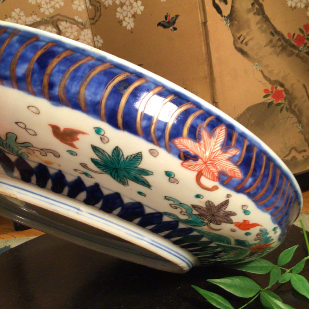 A538 古伊万里　極上金蘭手　窓絵　熨斗に蝶　菊に銀杏　波桜紋様　大皿　1枚