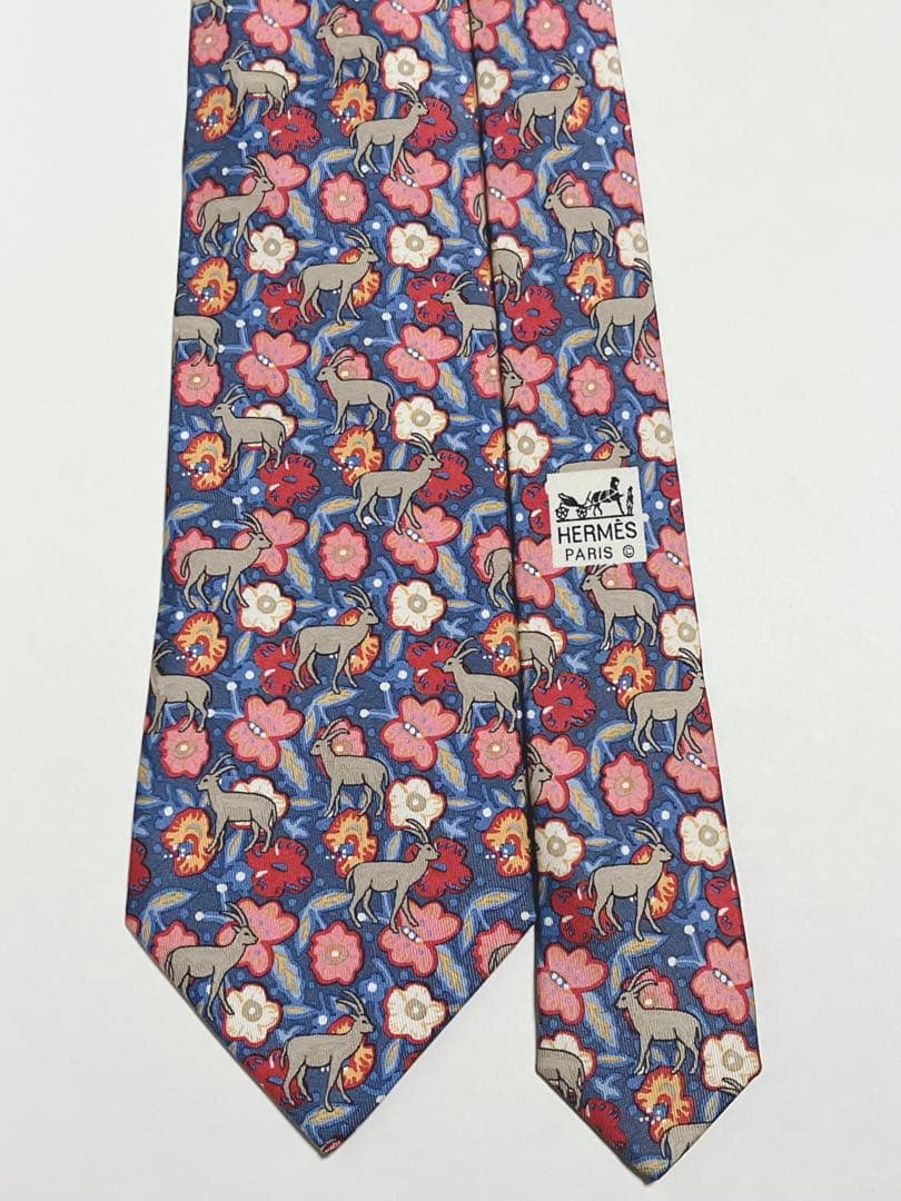 極美品 エルメス ネクタイ シルク フラワー ガゼル 動物 カラフル アート柄