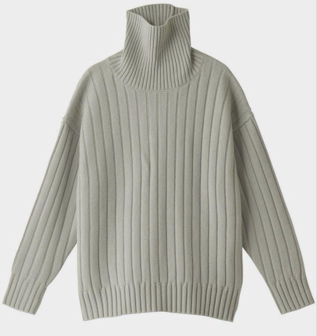 美品 ebure ローゲージカシミア ハイネックリブニットプルオーバー グリーン