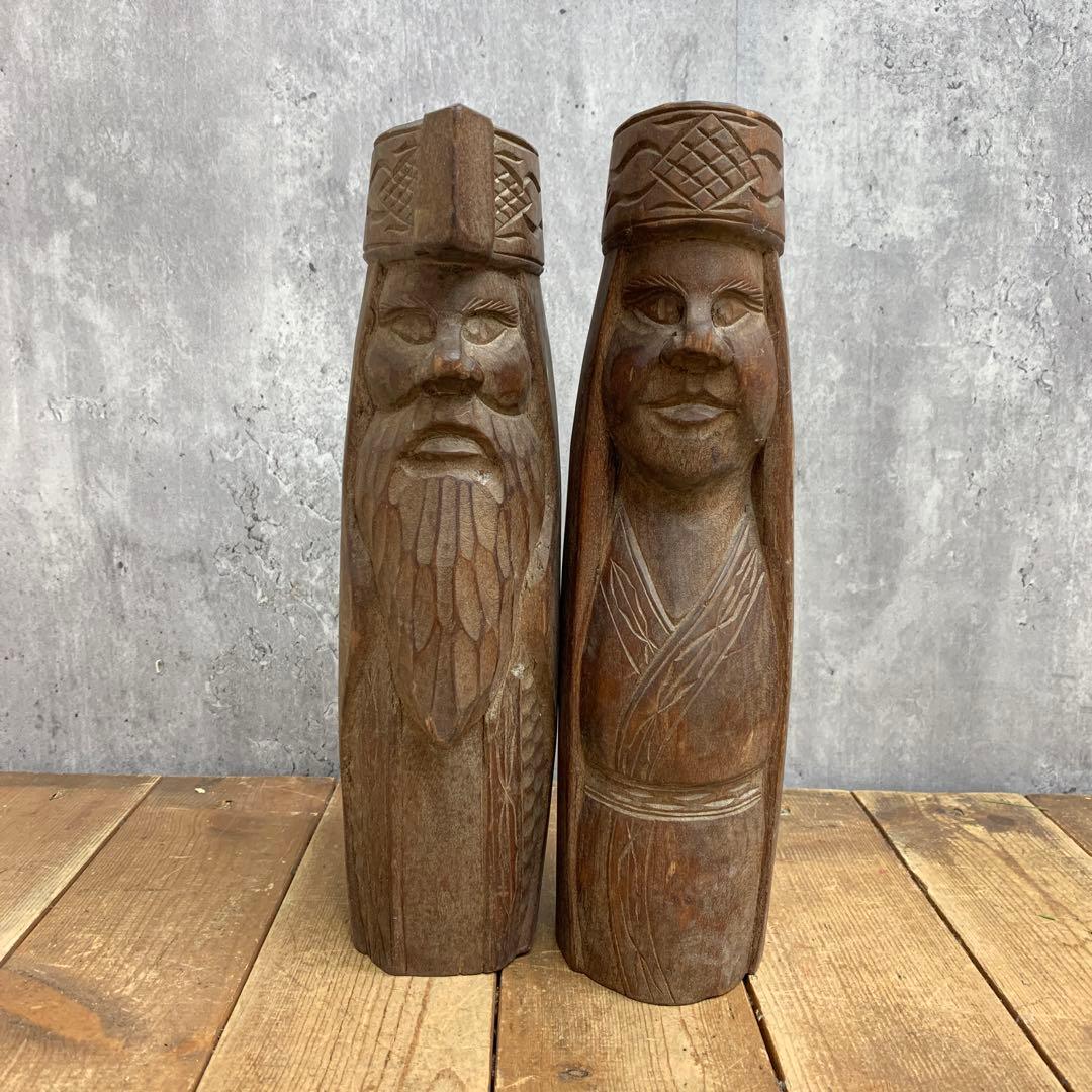 4F 【希少】アイヌ文様 木彫り 人形 2体セット 伝統工芸 民芸品