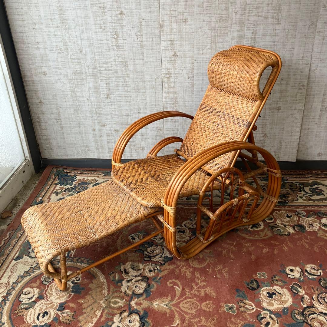ビンテージ ラタンリクライニングチェア オットマン付き 籐家具 1人掛けソファー